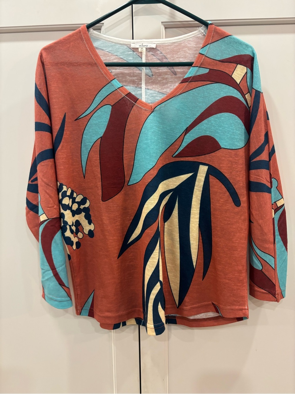 Milano Rust Floral V-Neck Long Sleeve Top with Aqua and Navy Accents